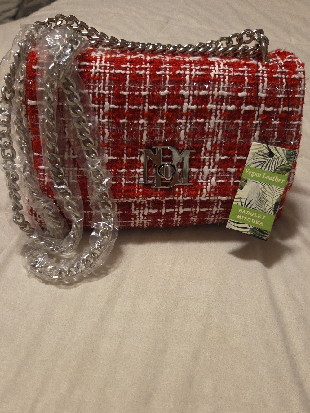 Badgley Mischka Red and White Tweed Chain-Strap Crossbody